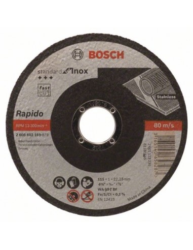 Disco de corte recto Standard for Inox - Rapido WA 60 T BF, 115 mm, 22,23 mm, 1,0 mm